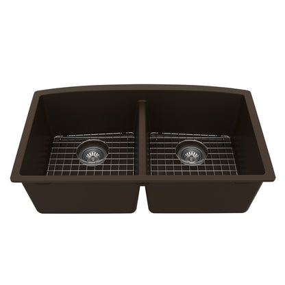 32-1/2" Undermount Double Equal Bowl Quartz Composite Kitchen Sink Kit In Brown