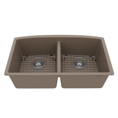 32-1/2" Undermount Double Equal Bowl Quartz Composite Kitchen Sink Kit In Concrete