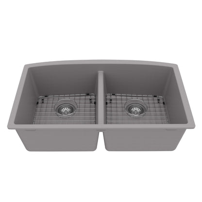 32-1/2" Undermount Double Equal Bowl Quartz Composite Kitchen Sink Kit In Grey