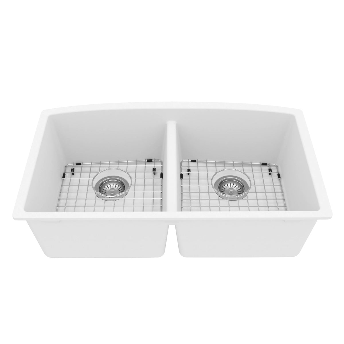 32-1/2" Undermount Double Equal Bowl Quartz Composite Kitchen Sink Kit In White