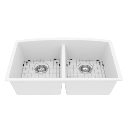 32-1/2" Undermount Double Equal Bowl Quartz Composite Kitchen Sink Kit In White