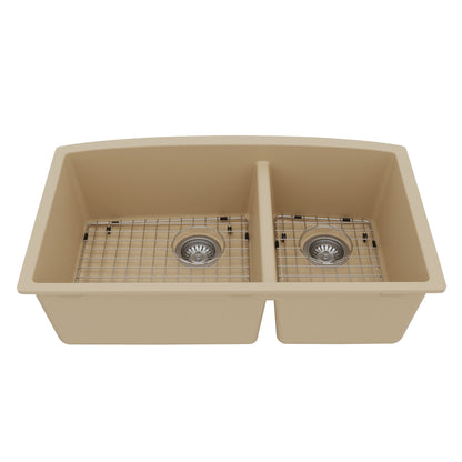 32-1/2" Undermount Double Offset Bowl Quartz Composite Kitchen Sink Kit In Bisque