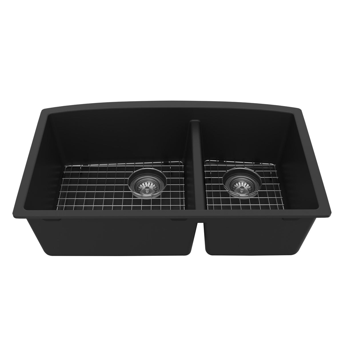 32-1/2" Undermount Double Offset Bowl Quartz Composite Kitchen Sink Kit In Black