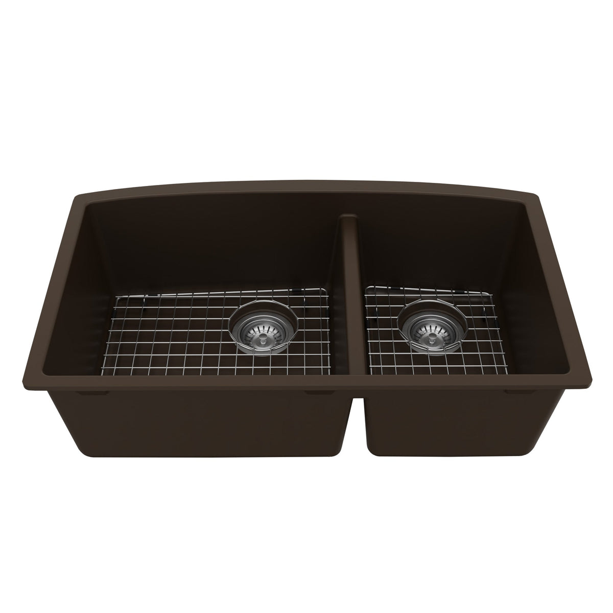 32-1/2" Undermount Double Offset Bowl Quartz Composite Kitchen Sink Kit In Brown