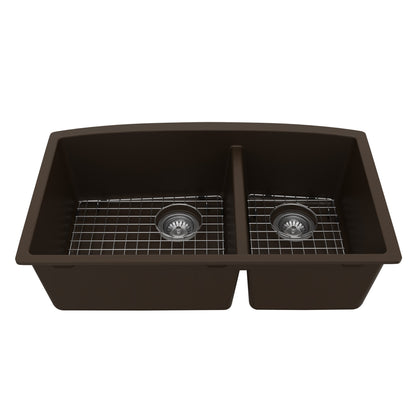 32-1/2" Undermount Double Offset Bowl Quartz Composite Kitchen Sink Kit In Brown