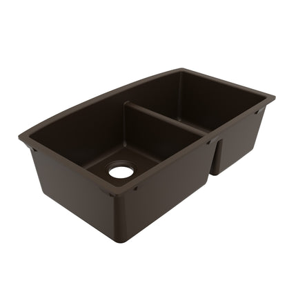 32-1/2" Undermount Double Offset Bowl Quartz Composite Kitchen Sink In Brown