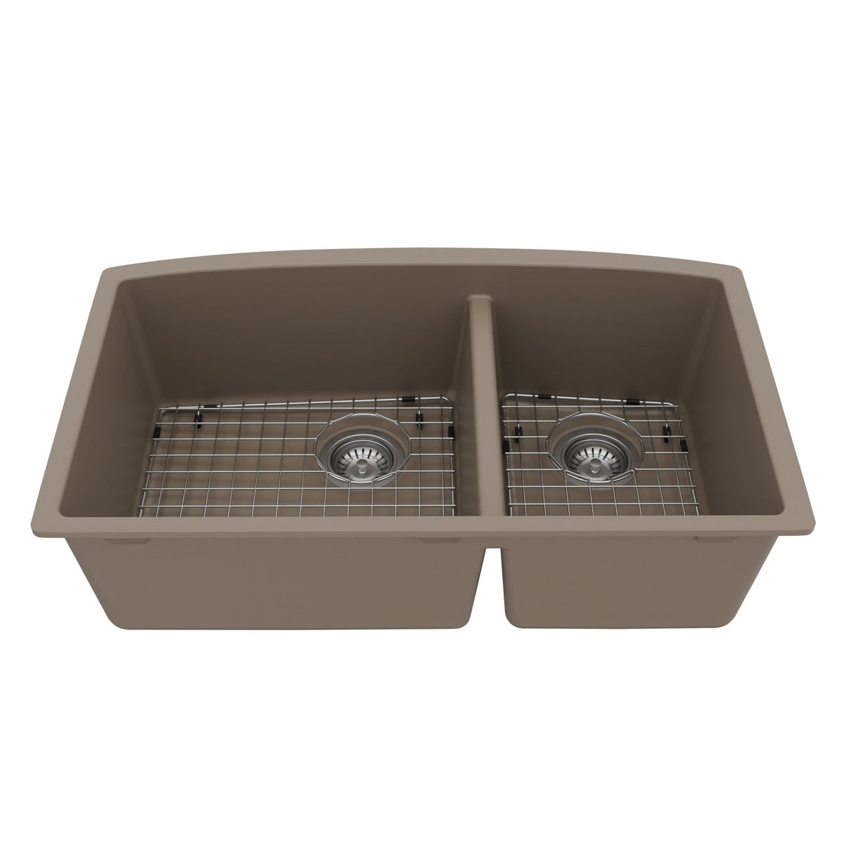 32-1/2" Undermount Double Offset Bowl Quartz Composite Kitchen Sink Kit In Concrete