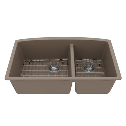 32-1/2" Undermount Double Offset Bowl Quartz Composite Kitchen Sink Kit In Concrete