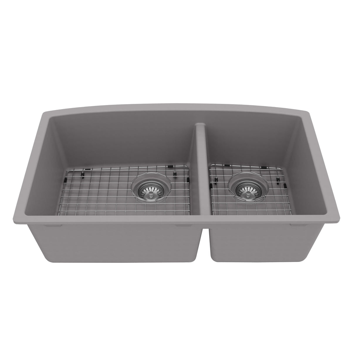 32-1/2" Undermount Double Offset Bowl Quartz Composite Kitchen Sink Kit In Grey