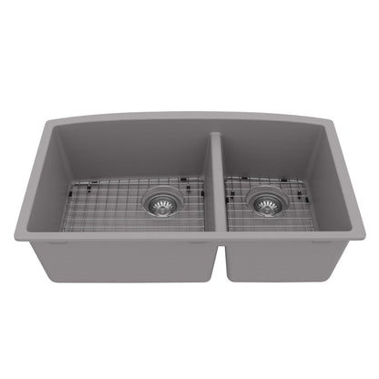 32-1/2" Undermount Double Offset Bowl Quartz Composite Kitchen Sink Kit In Grey