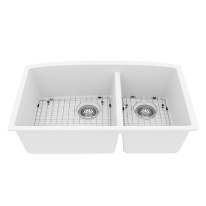 32-1/2" Undermount Double Offset Bowl Quartz Composite Kitchen Sink Kit In White
