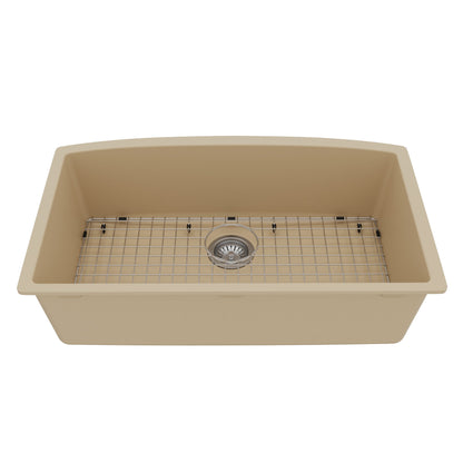 32-1/2" Undermount Large Single Bowl Quartz Composite Kitchen Sink Kit In Bisque