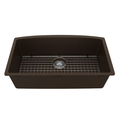 32-1/2" Undermount Large Single Bowl Quartz Composite Kitchen Sink Kit In Brown