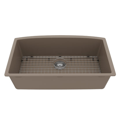 32-1/2" Undermount Large Single Bowl Quartz Composite Kitchen Sink Kit In Concrete