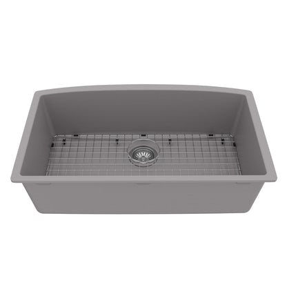 32-1/2" Undermount Large Single Bowl Quartz Composite Kitchen Sink Kit In Grey