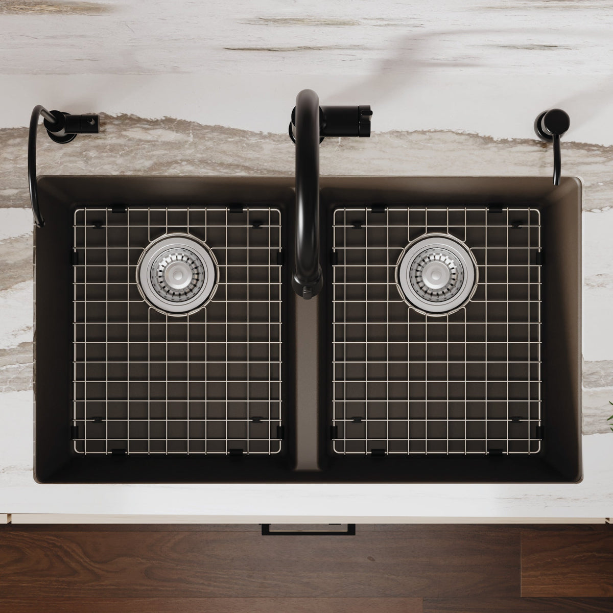 32-3/8" Undermount Double Equal Bowl Quartz Composite Kitchen Sink Kit In Brown
