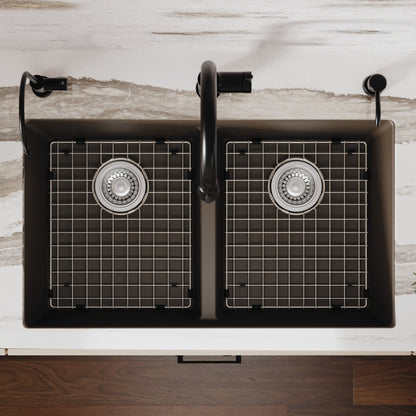 32-3/8" Undermount Double Equal Bowl Quartz Composite Kitchen Sink Kit In Brown