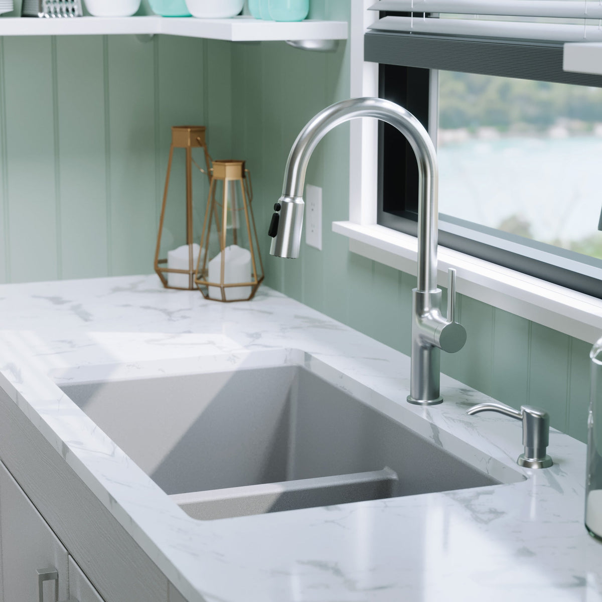 32-3/8" Undermount Double Equal Bowl Quartz Composite Kitchen Sink Kit In Grey