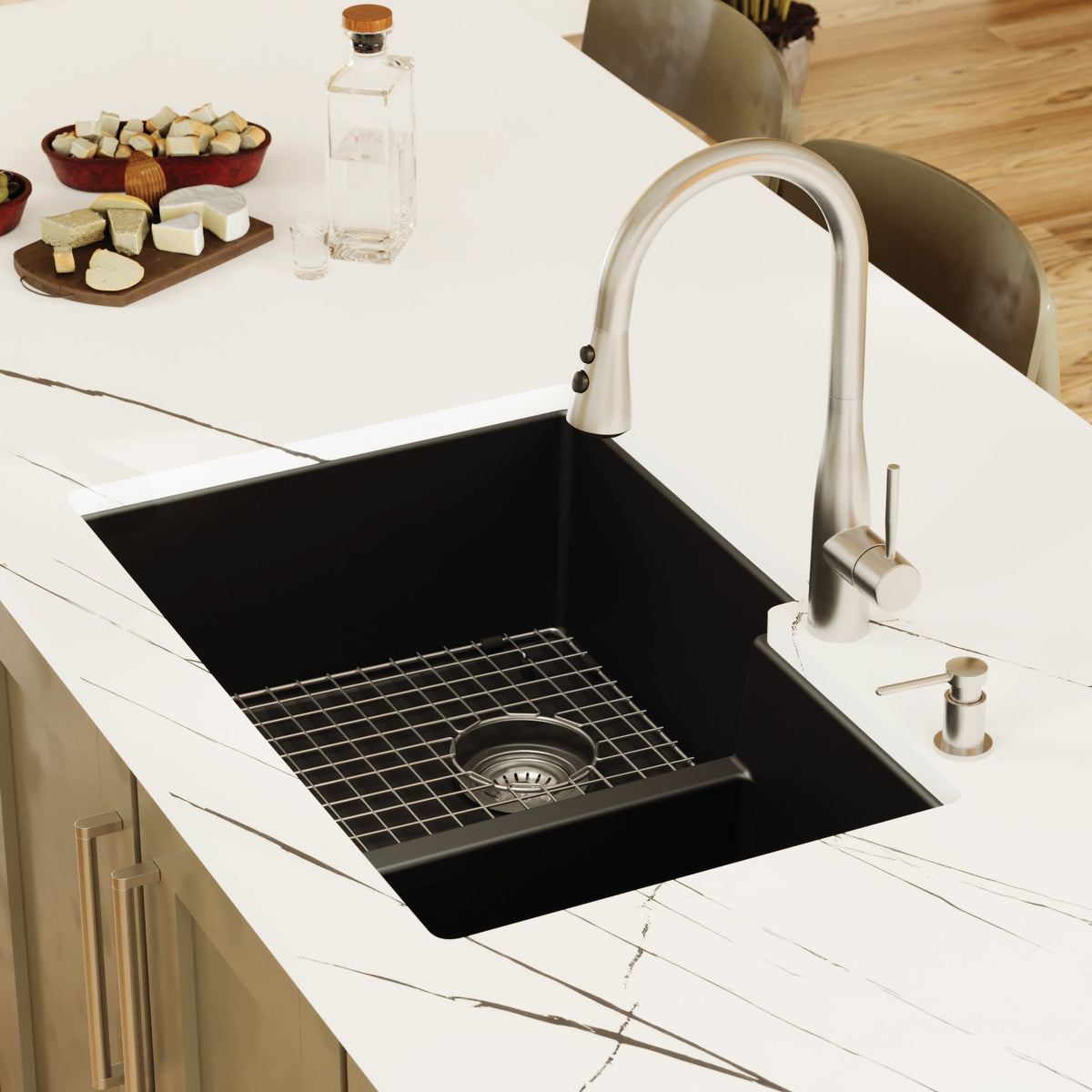32" Undermount Double Offset Bowl Quartz Composite Kitchen Sink Kit In Black