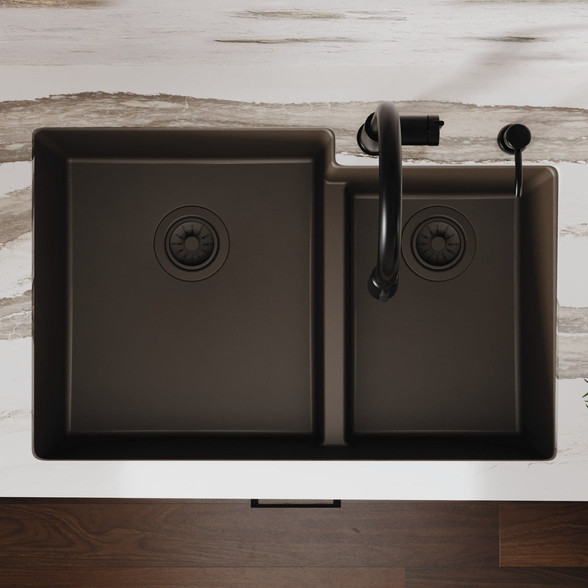 32-1/4" Undermount Double Offset Bowl Quartz Composite Kitchen Sink In Brown