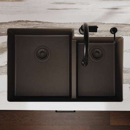 32-1/4" Undermount Double Offset Bowl Quartz Composite Kitchen Sink In Brown