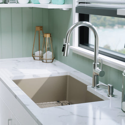 32" Undermount Double Offset Bowl Quartz Composite Kitchen Sink Kit In Concrete