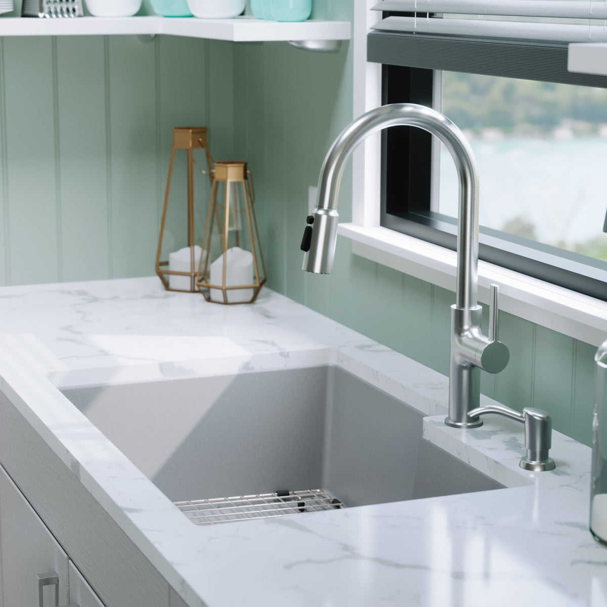 32" Undermount Double Offset Bowl Quartz Composite Kitchen Sink Kit In Grey