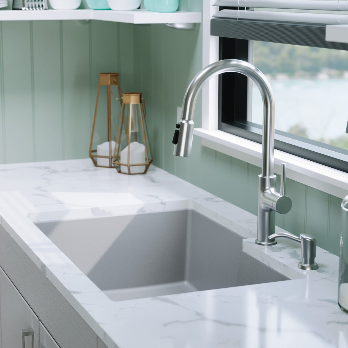 32-1/4" Undermount Double Offset Bowl Quartz Composite Kitchen Sink In Grey