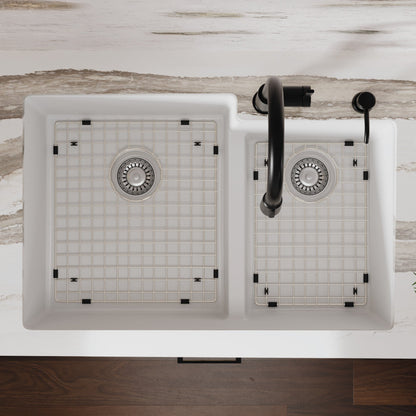 32" Undermount Double Offset Bowl Quartz Composite Kitchen Sink Kit In White