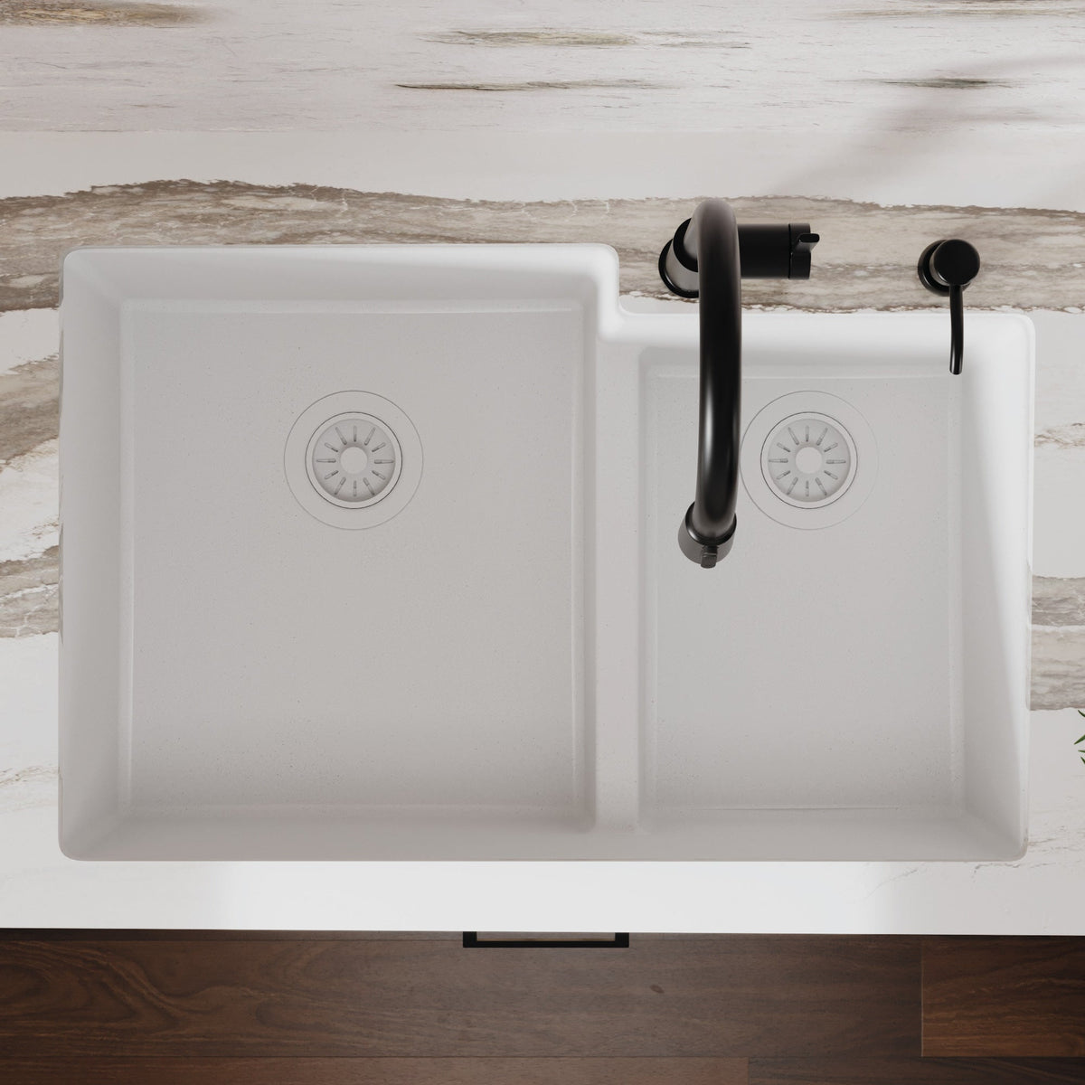32-1/4" Undermount Double Offset Bowl Quartz Composite Kitchen Sink In White
