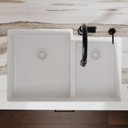 32-1/4" Undermount Double Offset Bowl Quartz Composite Kitchen Sink In White