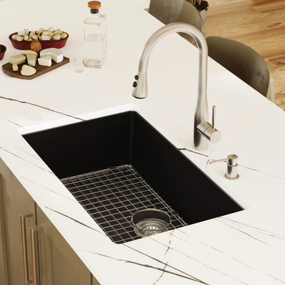 32-3/8" Undermount Large Single Bowl Quartz Composite Kitchen Sink Kit In Black