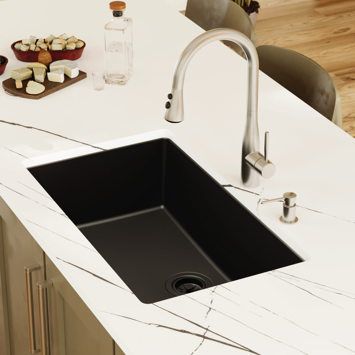 32-3/8" Undermount Large Single Bowl Quartz Composite Kitchen Sink In Black