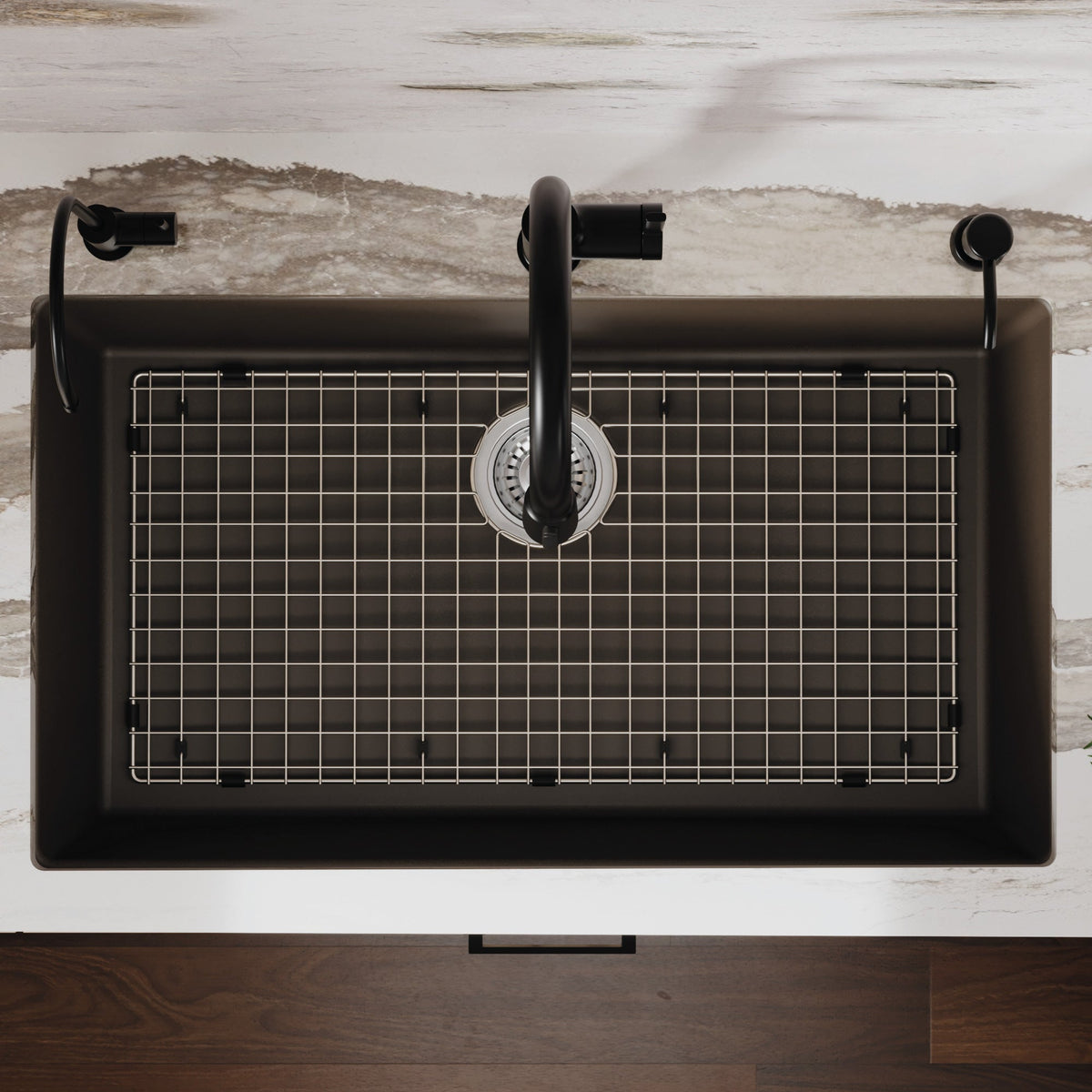 32-3/8" Undermount Large Single Bowl Quartz Composite Kitchen Sink Kit In Brown