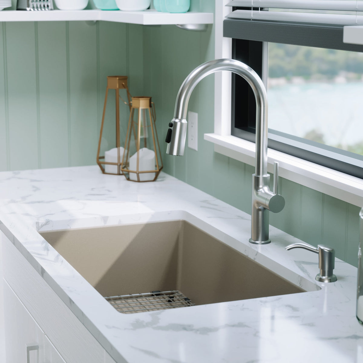 32-3/8" Undermount Large Single Bowl Quartz Composite Kitchen Sink Kit In Concrete
