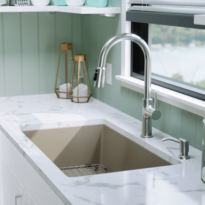 32-3/8" Undermount Large Single Bowl Quartz Composite Kitchen Sink Kit In Concrete