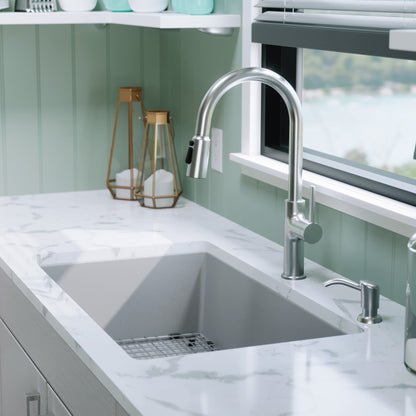 32-3/8" Undermount Large Single Bowl Quartz Composite Kitchen Sink Kit In Grey