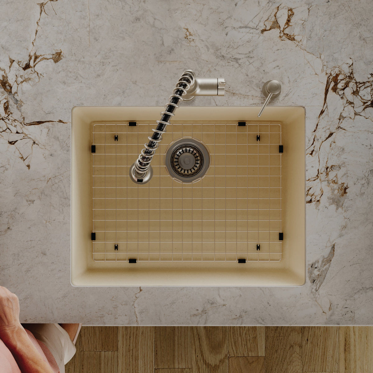 24-3/8" Undermount Single Bowl Quartz Composite Kitchen Sink Kit In Bisque