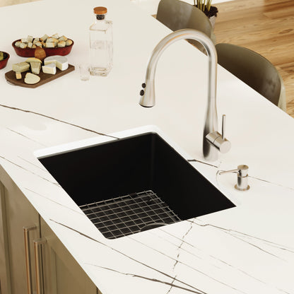 24-3/8" Undermount Single Bowl Quartz Composite Kitchen Sink Kit In Black
