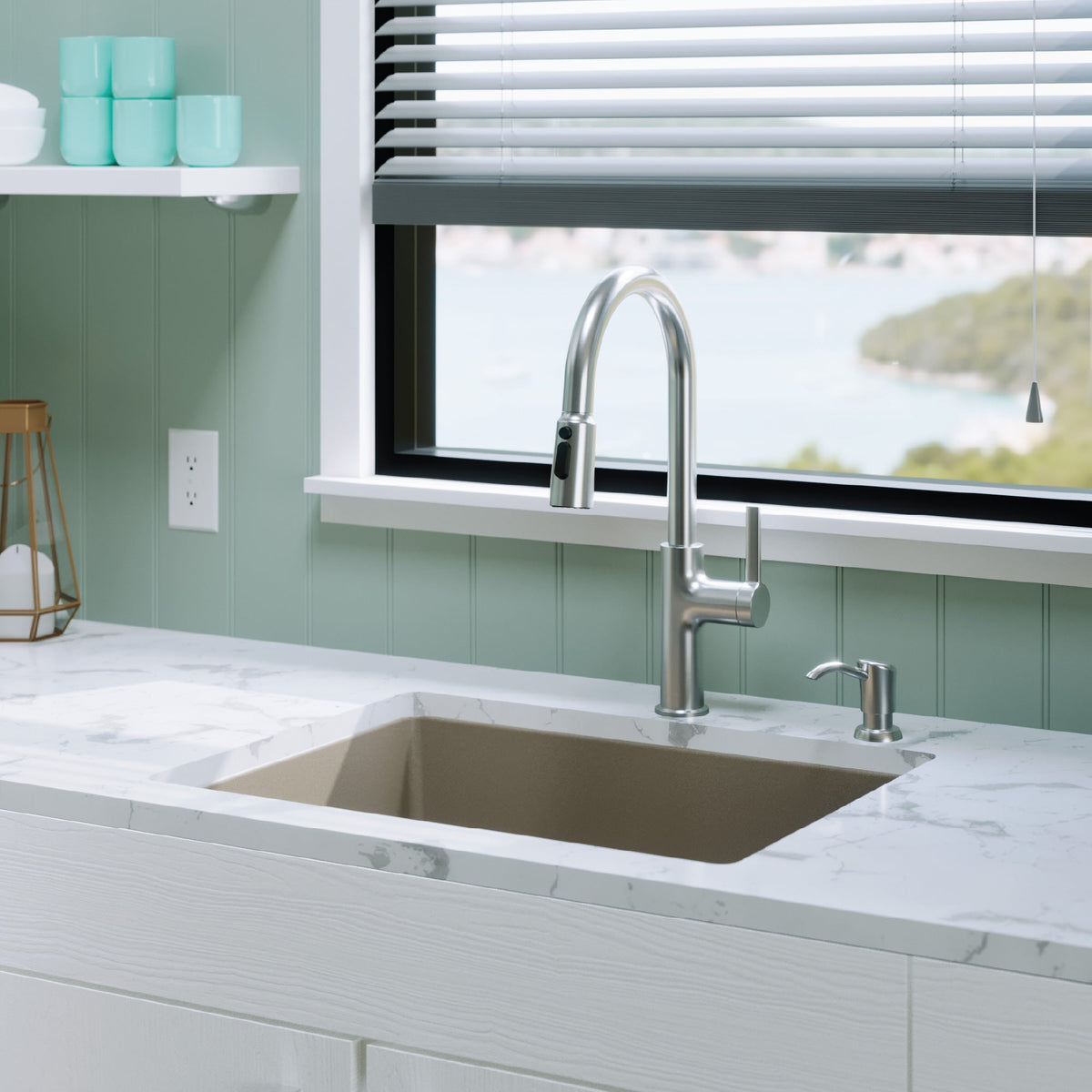 24-3/8" Undermount Single Bowl Quartz Composite Kitchen Sink Kit In Concrete