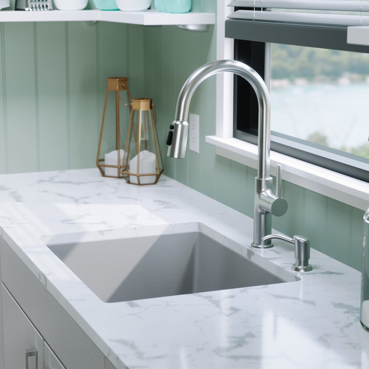24-3/8" Undermount Single Bowl Quartz Composite Kitchen Sink Kit In Grey