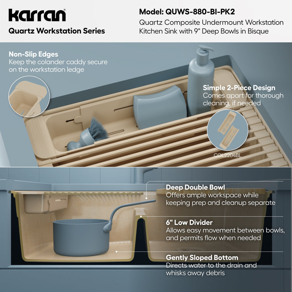 32" Undermount Double Bowl Quartz Kitchen Sink Kit In Bisque
