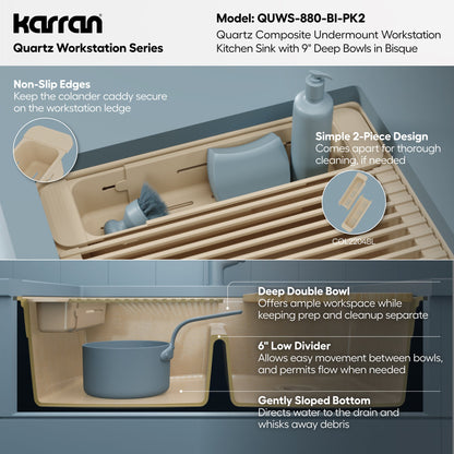 32" Undermount Double Bowl Quartz Kitchen Sink Kit In Bisque