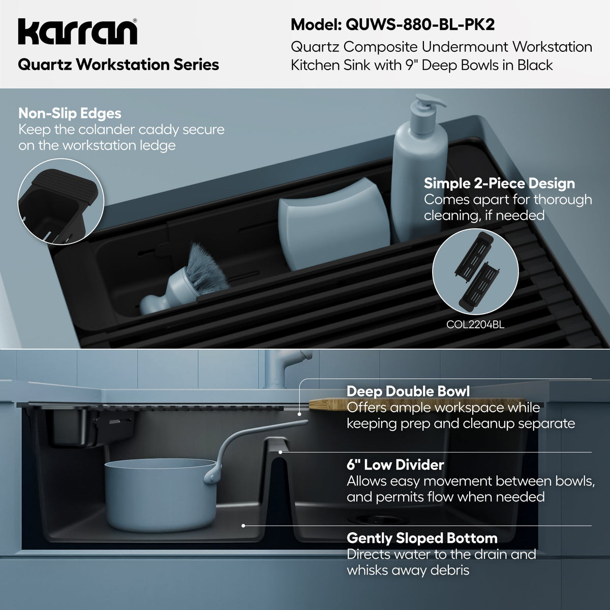 32" Undermount Double Bowl Quartz Kitchen Sink Kit In Black