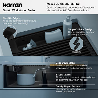 32" Undermount Double Bowl Quartz Kitchen Sink Kit In Black
