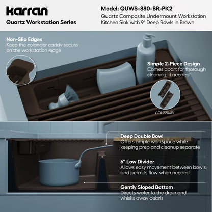 32" Undermount Double Bowl Quartz Kitchen Sink Kit In Brown