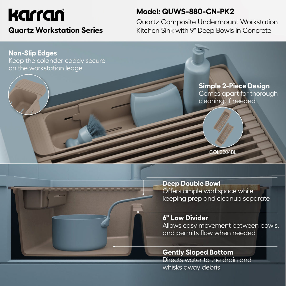 32" Undermount Double Bowl Quartz Kitchen Sink Kit In Concrete