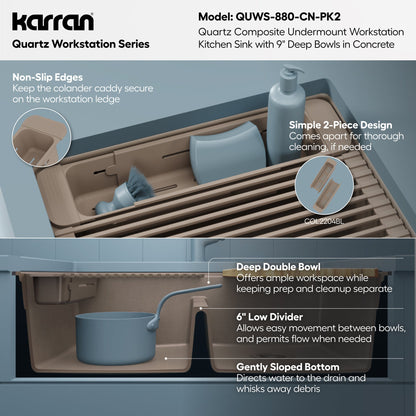 32" Undermount Double Bowl Quartz Kitchen Sink Kit In Concrete