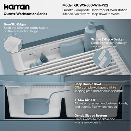32" Undermount Double Bowl Quartz Kitchen Sink Kit In White