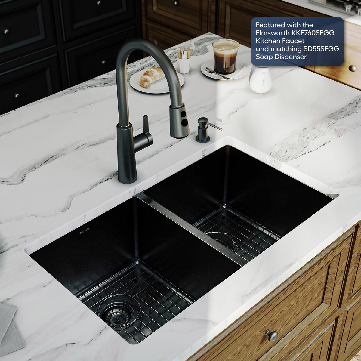 Elite 32" Undermount 16 Gauge Stainless Steel Double Bowl Kitchen Sink In Gunmetal Black